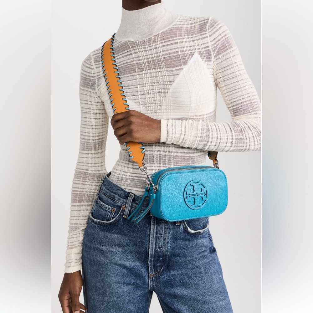 Tory Burch Turquoise Leather Camera Bag with Orange Strap - Picture 2 of 5